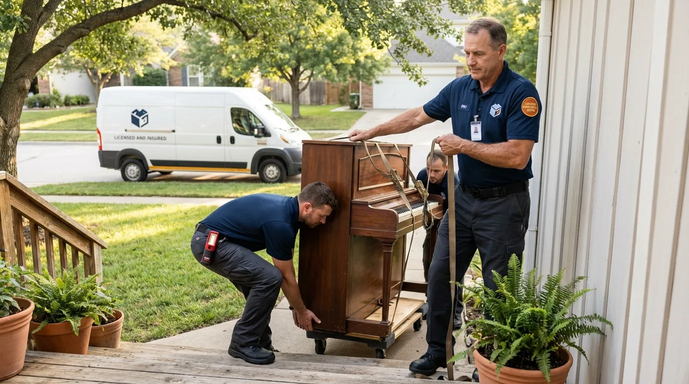Licensed piano movers securing grand piano in Dansville, NY