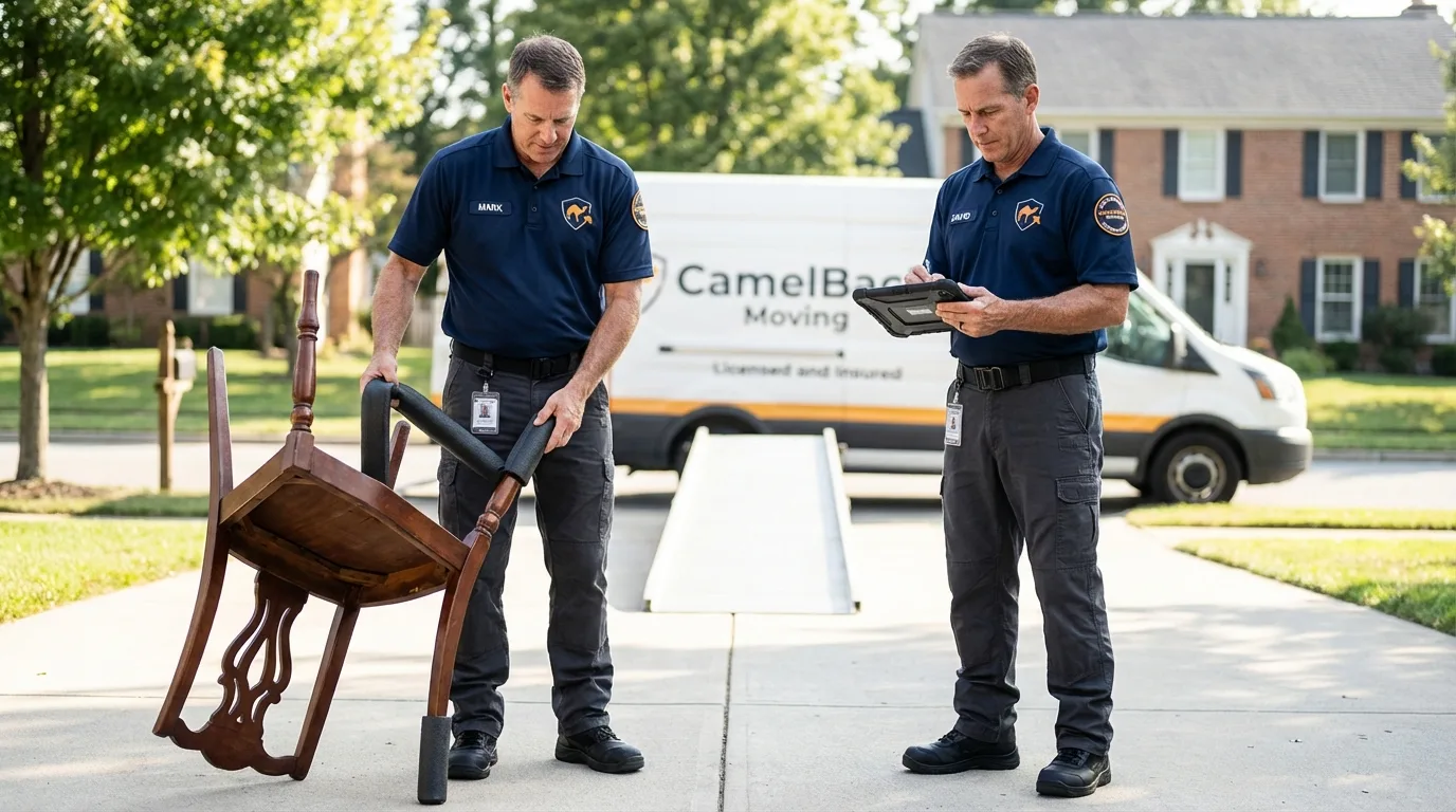 Movers inspecting furniture for damage prevention before loading in Dansville, NY