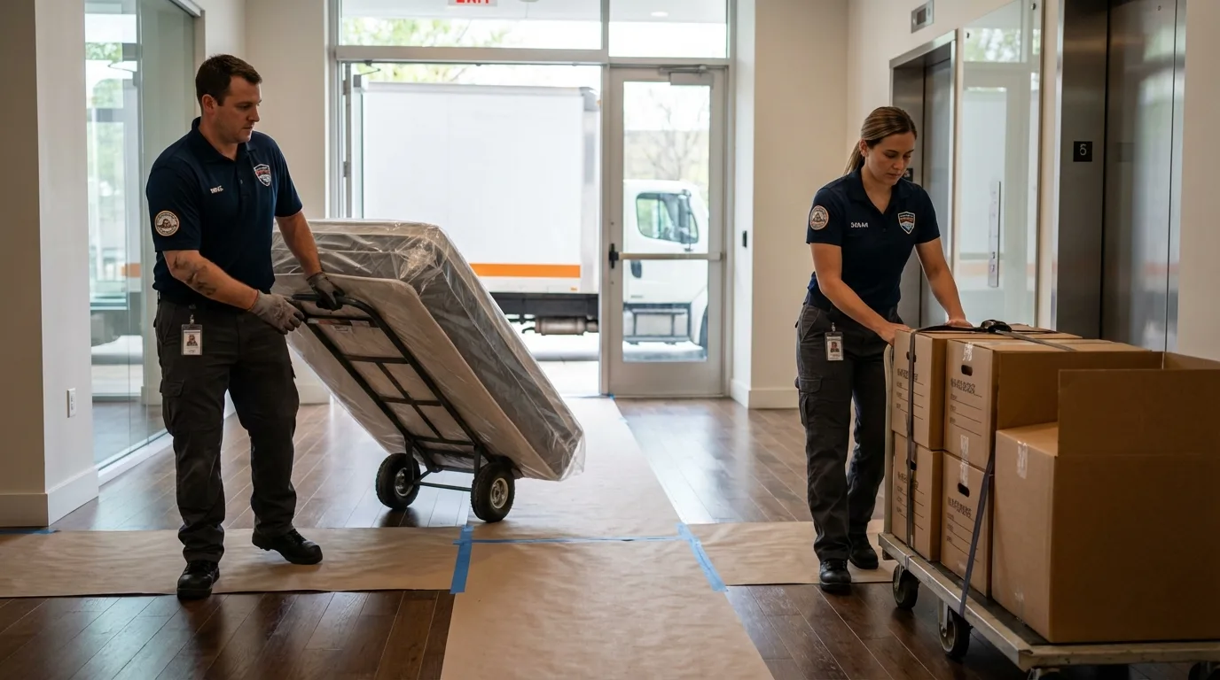 Professional apartment movers loading elevator in Dansville, NY